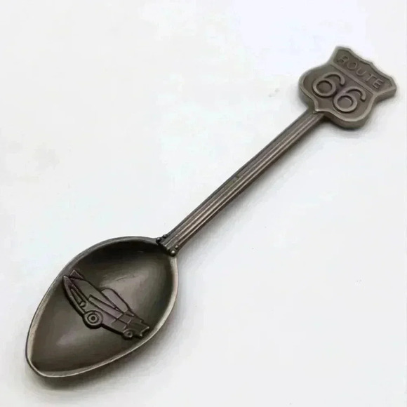 Route 66 Sign and Car Souvenir Engraved Spoon Pewter Kitschy Cool - Picture 1 of 5